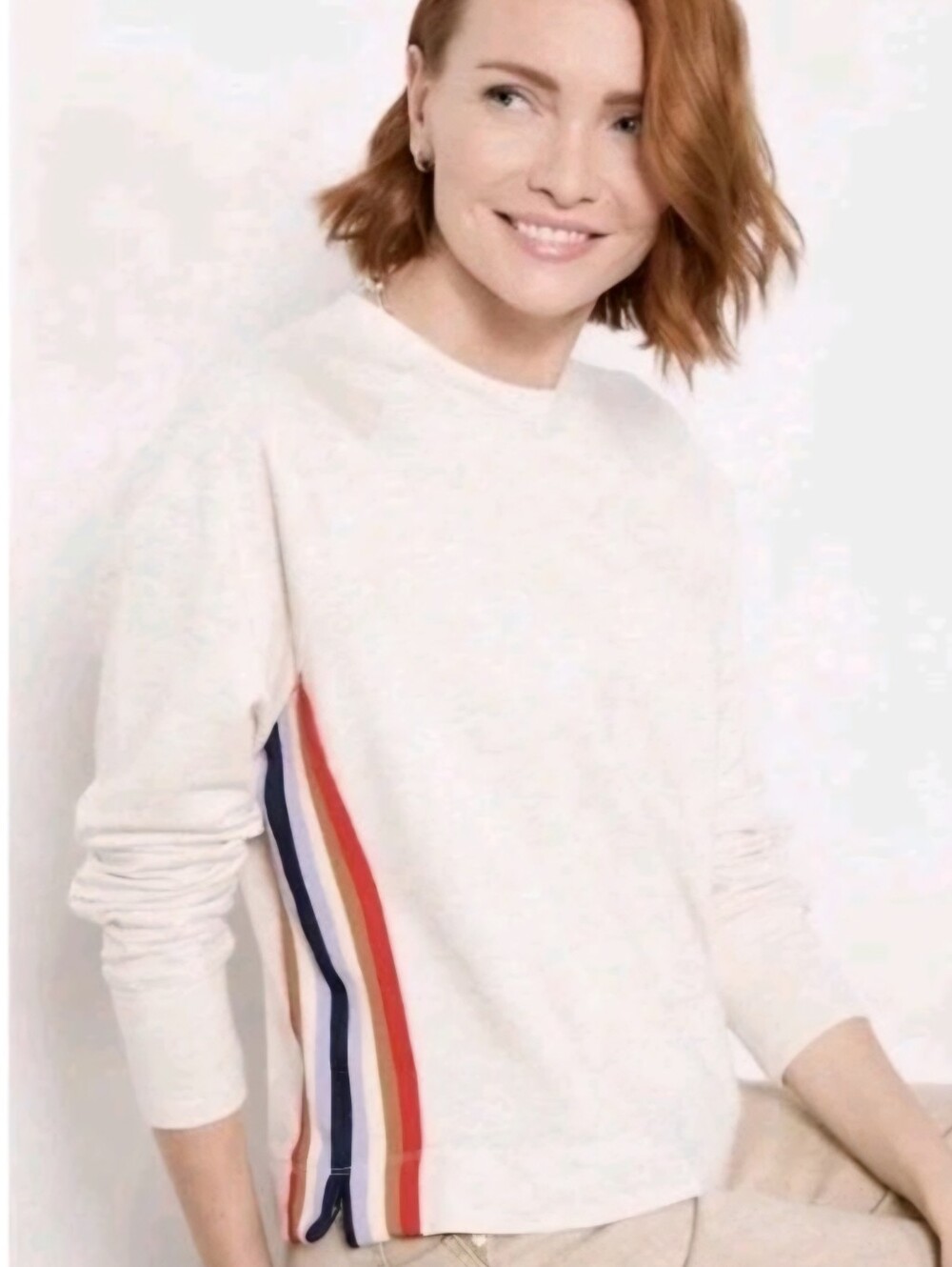 Evereve Taylor Striped Trim Crew Neck Sweatshirt Womens Size Small Oatmeal Soft